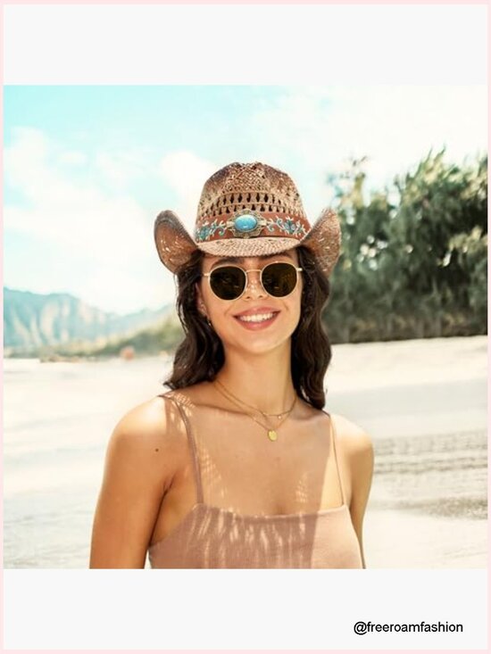 Straw Cowboy Hat Wide Brim Shapeable Western Cowgirl Beach Sun Hat main image 4